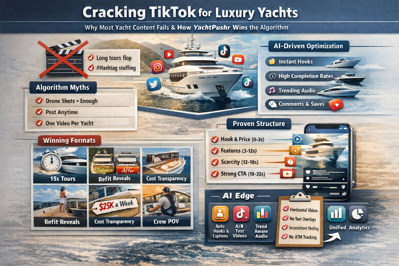 What everyone gets wrong about posting luxury yachts on TikTok—and how to win in the space with YachtPushr’s AI driven algorithmic optimization.